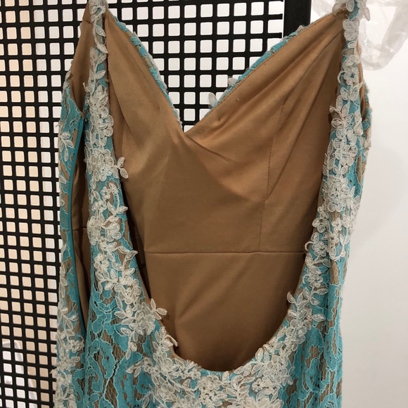 Jovani Evening Gown Turquoise/White w/ Nude Under - Picture 6 of 8